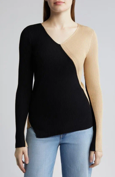 Dkny Women's Two-tone Asymmetrical-hem Sweater In Black,sandalwood