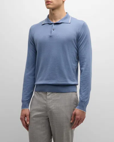 Fioroni Men's Cotton-cashmere Long-sleeve Polo Shirt In Avio