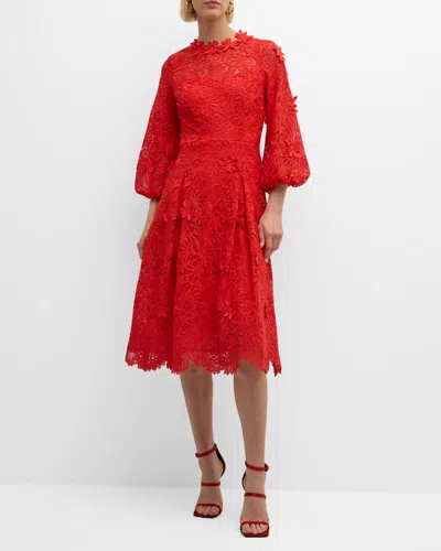 Rickie Freeman For Teri Jon Blouson-sleeve Floral Lace Midi Dress In Red