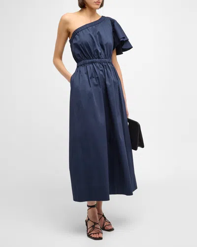 Cynthia Rowley One-shoulder Cotton Midi Dress In Navy