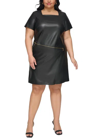 Calvin Klein Plus Womens Faux Leather Sheath Dress In Black