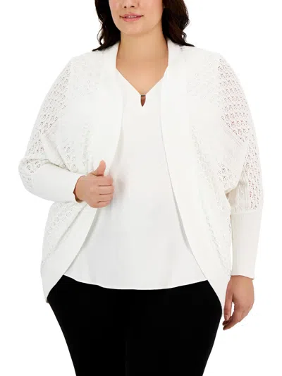 Anne Klein Plus Womens Ribbed Trim Knit Cardigan Sweater In White
