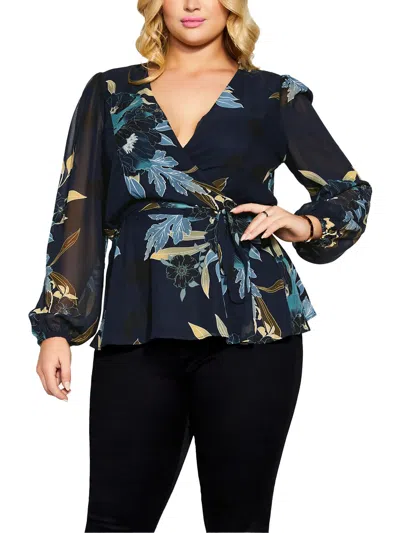 City Chic Womens Floral Print V-neck Wrap Top In Blue