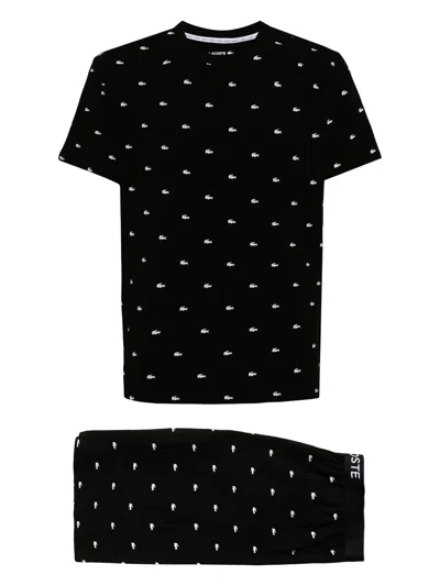 Lacoste Logo-embroidered Cotton Pyjama Set In 258 Black White