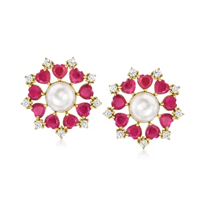 Ross-simons 9.5-10mm Cultured Pearl And Ruby Earrings With White Topaz In 18kt Gold Over Sterling In Pink