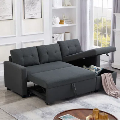 Simplie Fun Upholstered Pull Out Sectional Sofa With Storage Chaise, Convertible Corner Couch, Dark Grey In Black