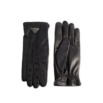Prada Nylon And Leather Gloves In Black
