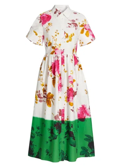 Erdem Dyed Floral Print Shirtdress In White + Kelly Gre