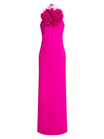 Halston Onika Rosette Halter Gown In Spicy Pink