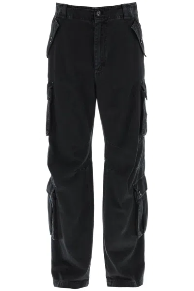 Dolce & Gabbana Cotton Cargo Trousers With Logo Plaque In Black