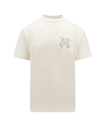Palm Angels Cotton T-shirt With Studded Monogram On The Front In Neutrals