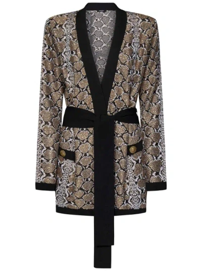 Balmain Glittered Python Knit Belted Cardigan Clothing In Grey