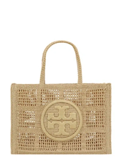 Tory Burch Rafia Shoulder Bag With Embroidered Logo In Brown