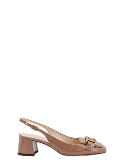 Tod's Patent Leather Slingback With Frontal Logo In Brown