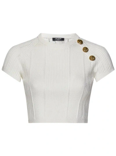 Balmain Embellished Knit Crop Top In White