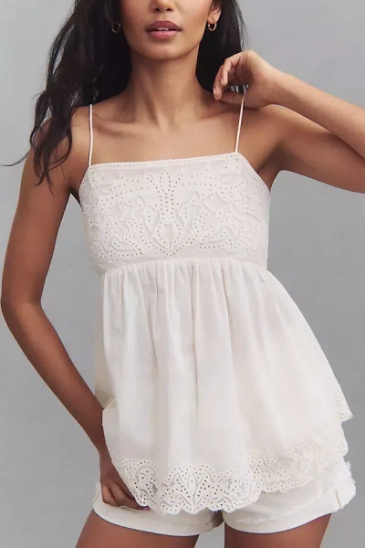 By Anthropologie Mesh Appliqué Babydoll Top In White