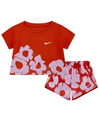 Nike Babies' Floral Print Dri-fit Sprinter T-shirt & Shorts Set In Picante Red