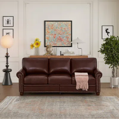Simplie Fun Classic Living Room Nails Sofa Burgundy Faux Leather In Brown