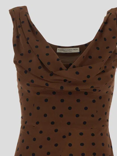 Alessandra Rich Polka Dot-print Draped Dress In Brown