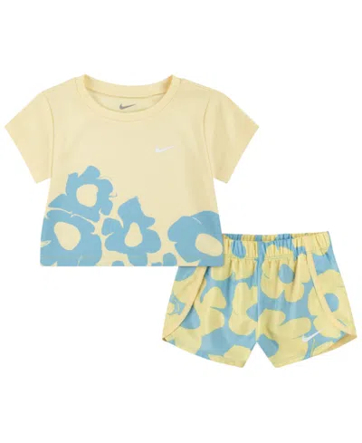 Nike Babies' Toddler Girls Dri-fit Floral Short Sleeve T-shirt And Shorts Set In Aquarius Blue