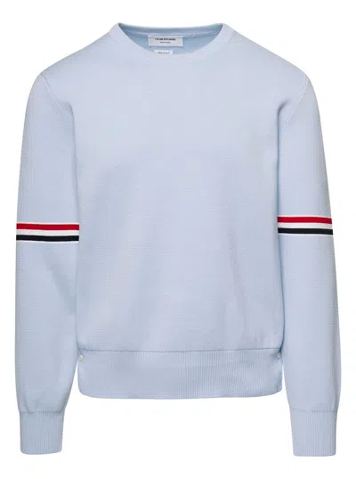 Thom Browne Light Blue Crewneck Sweater With Tricolor Band Detail On Sleeves In Cotton Man