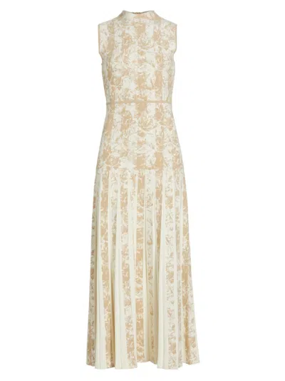 Lela Rose Pleated Floral Striped Jacquard Mock-neck Sleeveless Midi Dress In Sand Multi