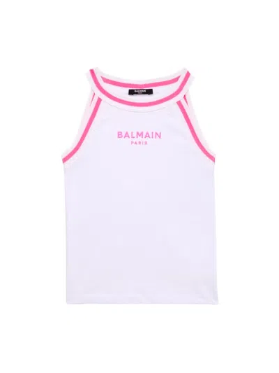 Balmain Kids' Paris Logo-print Tank Top In White Pink