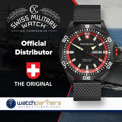 Pre-owned 8692055018 Cx Swiss Military Tank Nero Day/date Watch Pvd Case/bracelet Black/red Dial 2741