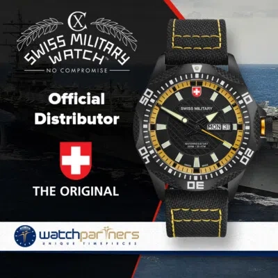 Pre-owned 8692055018 Cx Swiss Military Tank Nero Rawhide Watch Pvd Case Canvas Strap Bk/ye Dial 27441