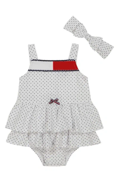 Tommy Hilfiger Baby Girls Polka-dot Pique Sunsuit And Headband, 2 Piece Set In Grey