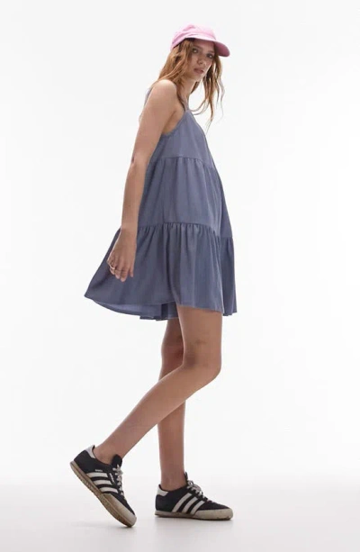 Topshop Tiered Mini Textured Dress In Blue