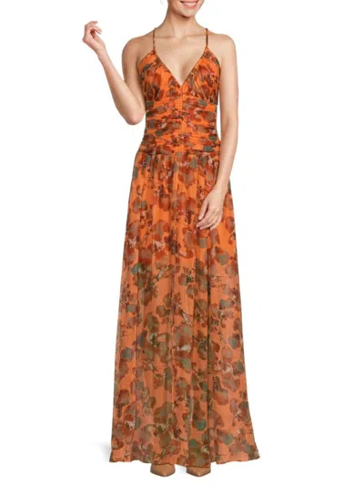 Tanya Taylor Lovette Ruched-bodice Floral Maxi Dress In Melon Multi