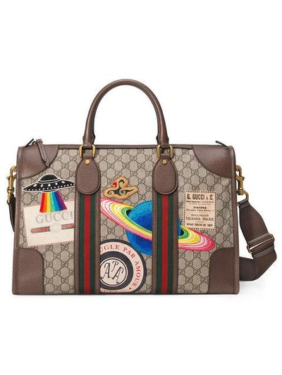 Gucci Leather Courrier Gg Supreme Duffle Bag In Neutrals