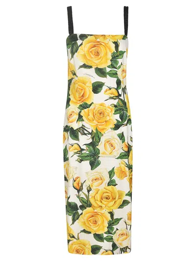Dolce & Gabbana Rose-print Sleeveless Charmeuse Midi Dress In Weiss