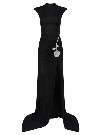 David Koma Ruched Embellished Satin-jersey Gown In Nero
