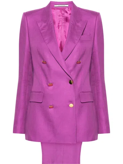 Tagliatore Double-breasted Linen Suit In Purple