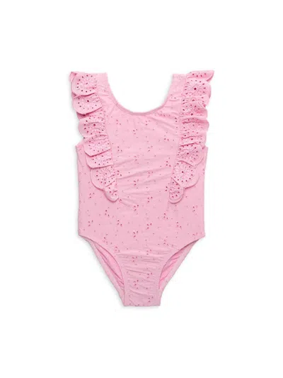 Little Me Babies' Little Girl's Eyelet Embroidery Ruffle One Piece Swimsuit In Pink