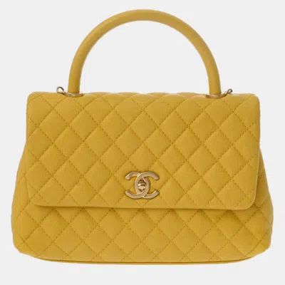 Pre-owned Chanel Yellow Caviar Leather Coco Top Handle Bag