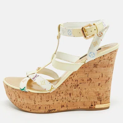Pre-owned Louis Vuitton White Monogram Canvas And Patent Leather Trappy Cork Wedge Platform Sandals Size 39