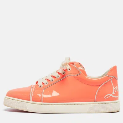 Pre-owned Christian Louboutin Neon Peach Patent Leather Louis Junior Low Top Trainers Size 38.5 In Orange