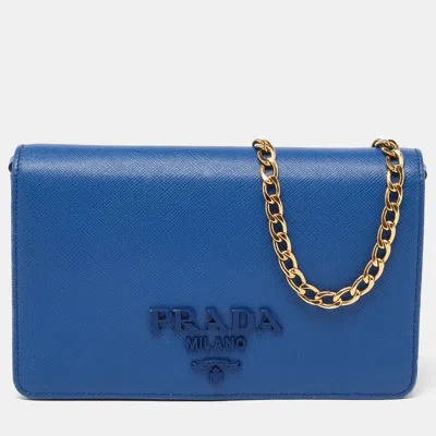 Pre-owned Prada Blue Saffiano Leather Wallet On Chain