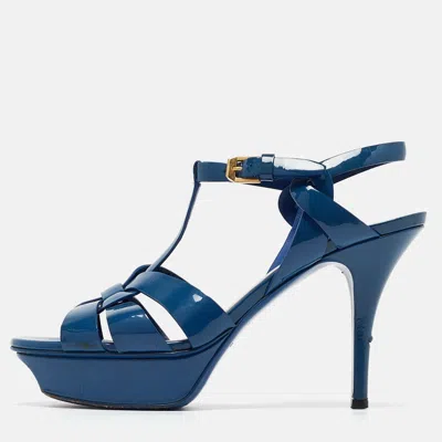 Pre-owned Saint Laurent Blue Patent Tribute Sandals Size 38