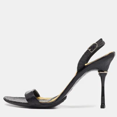 Pre-owned Bottega Veneta Black Croc Embossed Ankle Strap Sandals Size 35