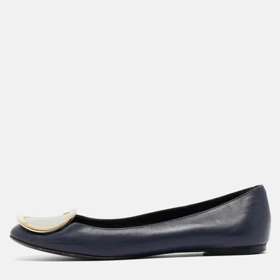Pre-owned Roger Vivier Navy Blue Leather Ballet Flats Size 35.5