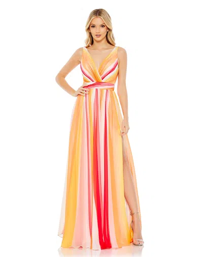 Mac Duggal Striped Multi Sleeveless Gown In Pink Multi