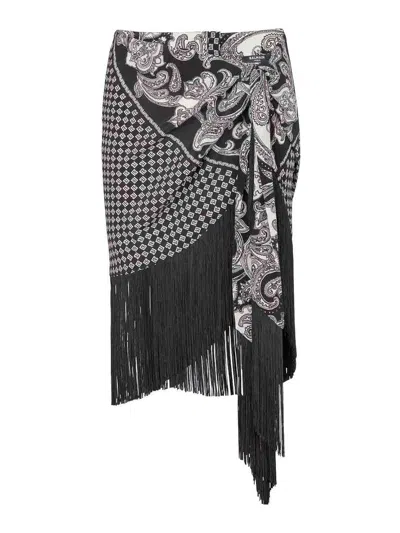 Balmain Fringed Paisley-print Silk Miniskirt In Black