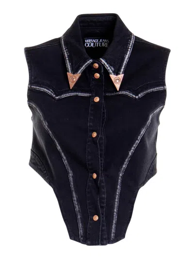 Versace Jeans Couture Corset-style Denim Waistcoat In Black