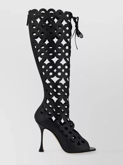 Manolo Blahnik Tarashi Perforated Lace-up Knee Boots In Blck