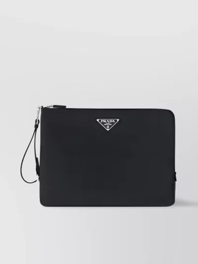Prada Calfskin Textured Clutch Bag With Removable Puller