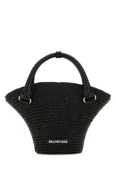 Balenciaga Woman Black Straw Mini Beach Handbag